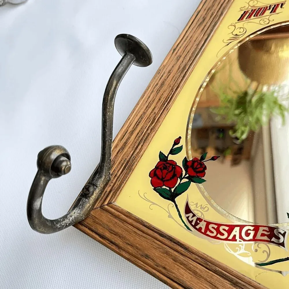 VTG Hot Bath & Massages Mirror Hook Rack Oak Frame Roses Bathroom Decor